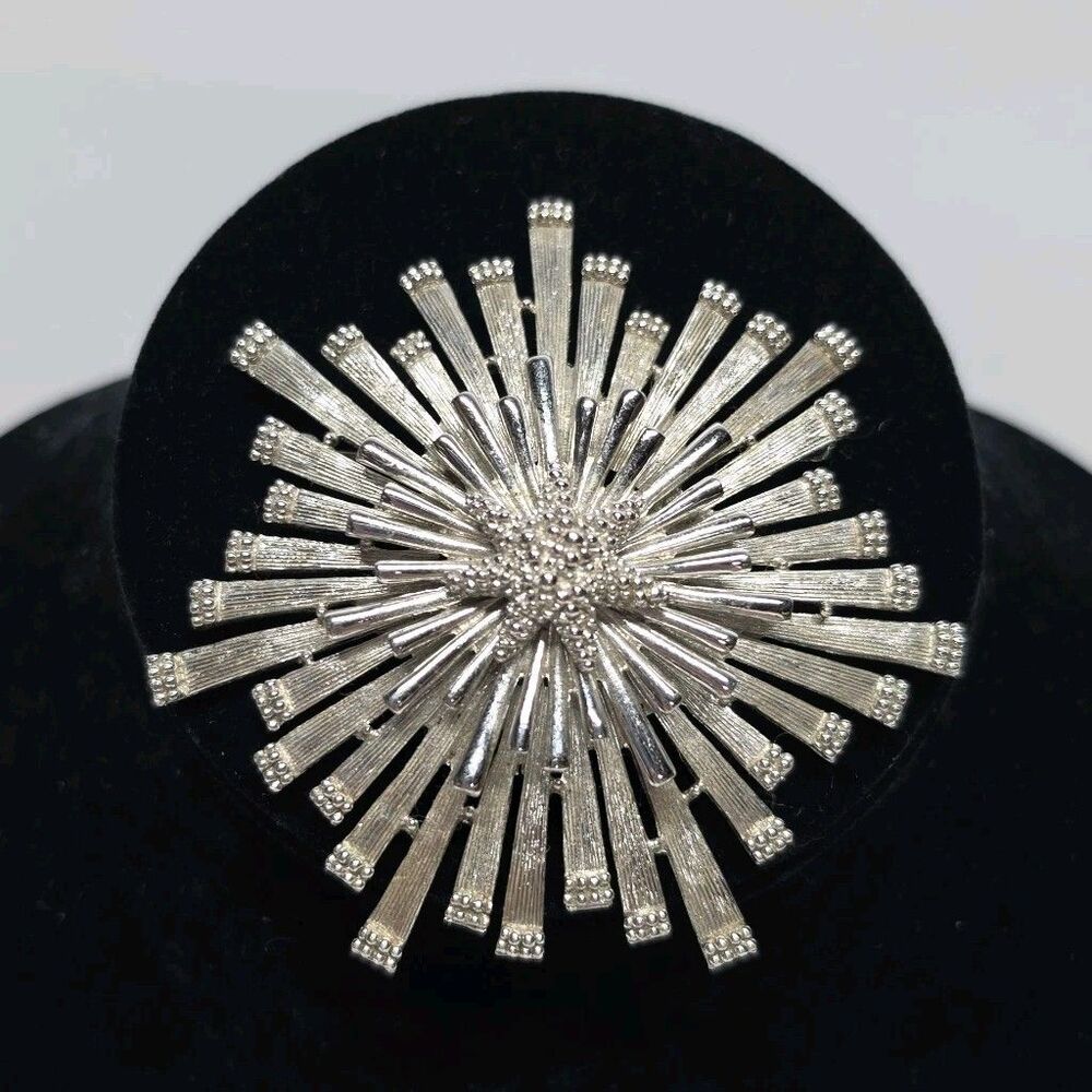 Monet Atomic Star Starburst Silver Tone Brooch Pin Vintage MCM Statement Piece